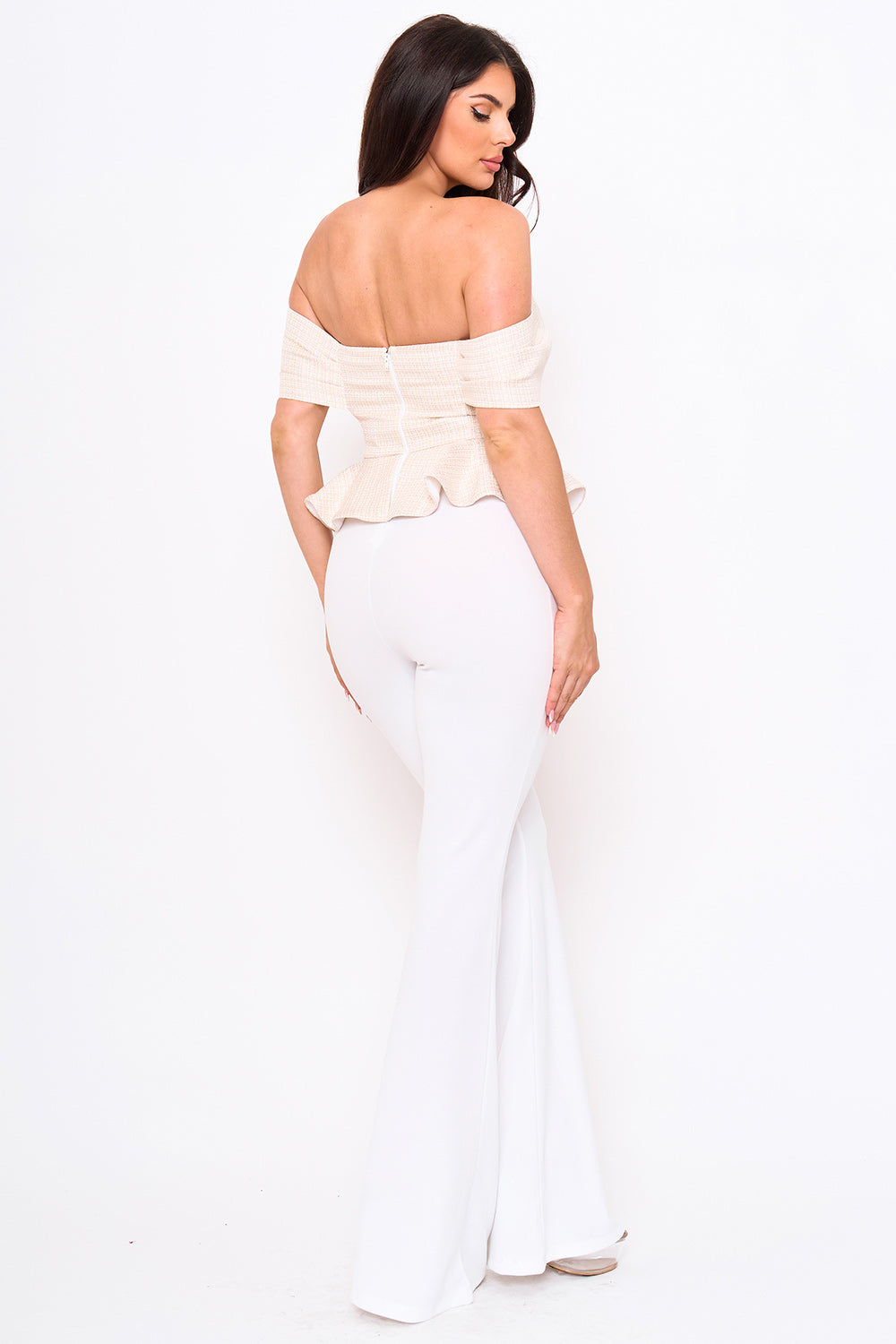 Symphony Jumpsuit - Tweed Off The Shoulder Peplum Top Jumpsuit