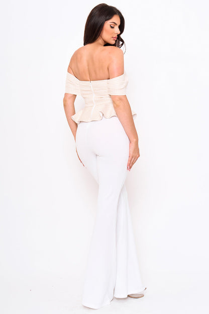 Symphony Jumpsuit - Tweed Off The Shoulder Peplum Top Jumpsuit