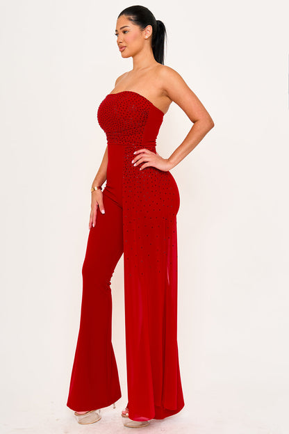 Symphony Jumpsuit - Rhinestone On Mesh Tube Top Jumpsuit