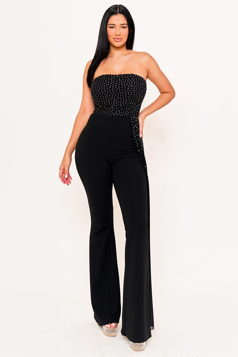 Symphony Jumpsuit - Rhinestone On Mesh Tube Top Jumpsuit
