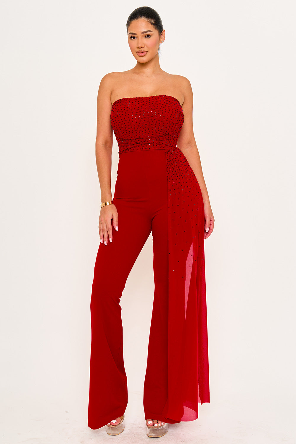Symphony Jumpsuit - Rhinestone On Mesh Tube Top Jumpsuit