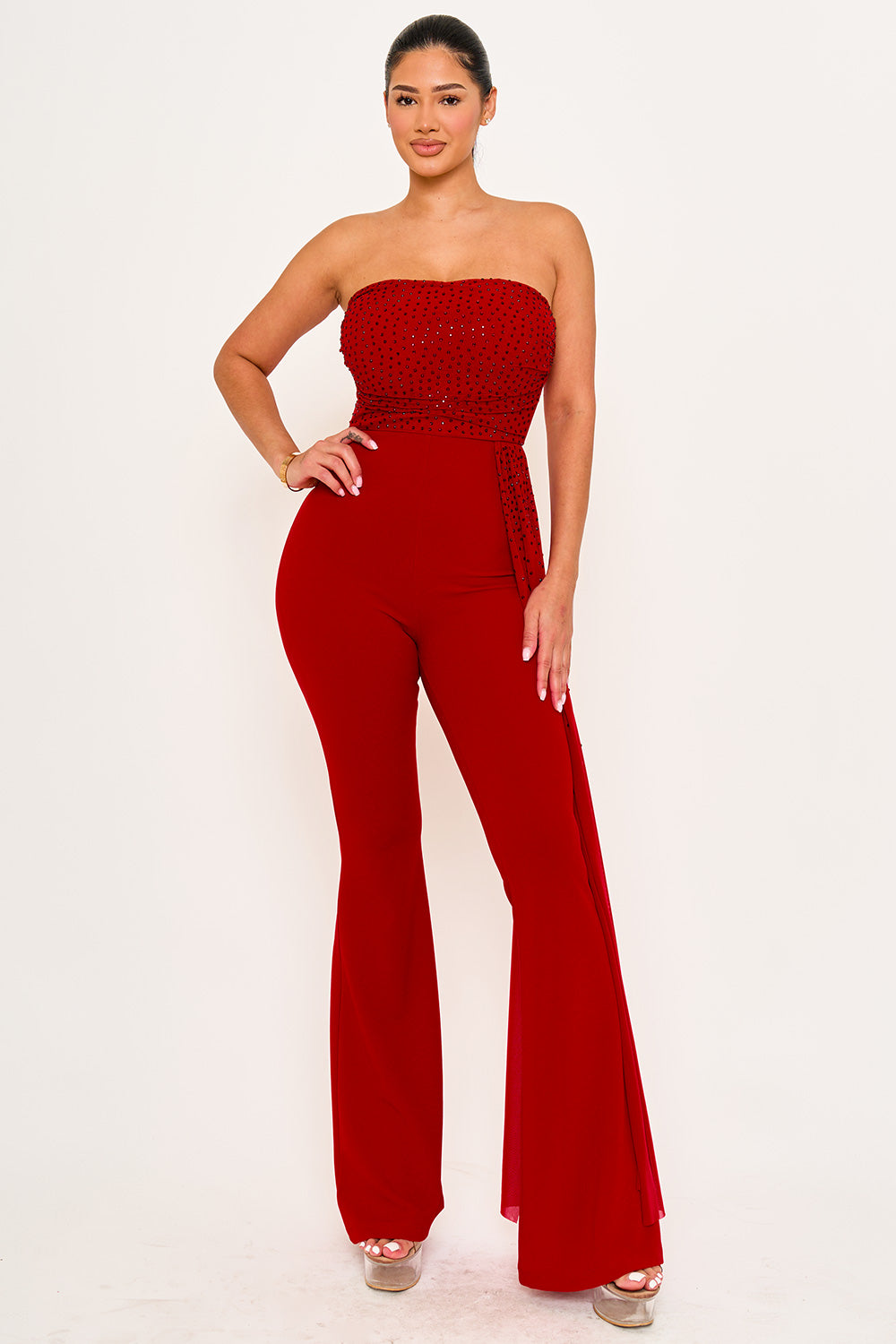 Symphony Jumpsuit - Rhinestone On Mesh Tube Top Jumpsuit