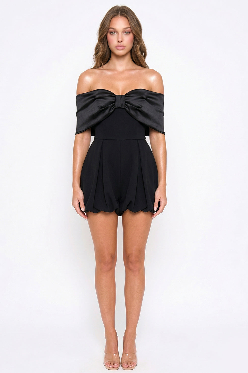 Symphony Dress - Satin Large Bow Front Off The Shoulder Romper