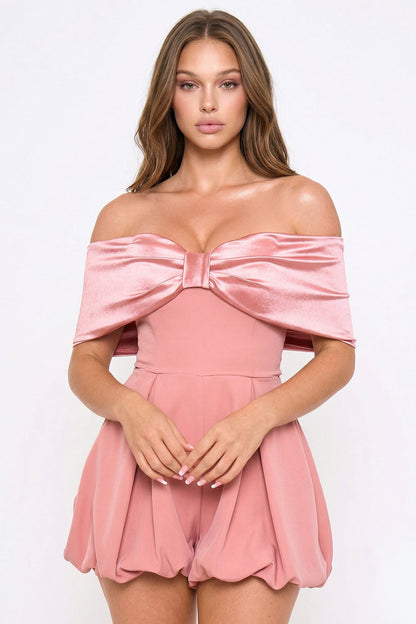 Symphony Dress - Satin Large Bow Front Off The Shoulder Romper