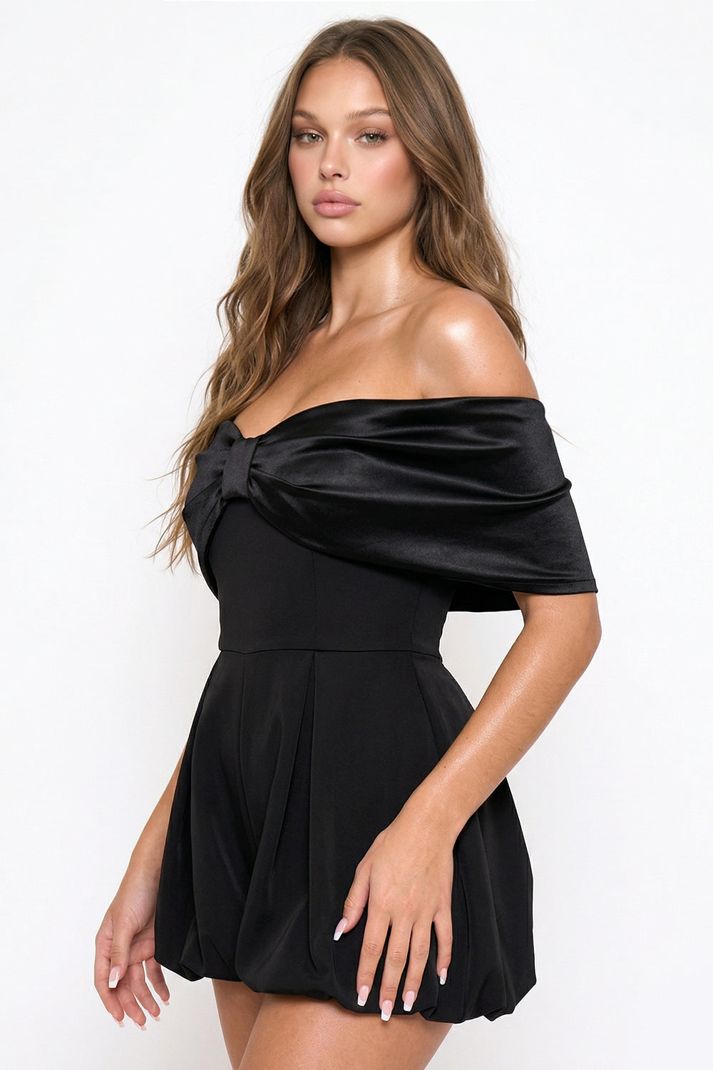 Symphony Dress - Satin Large Bow Front Off The Shoulder Romper
