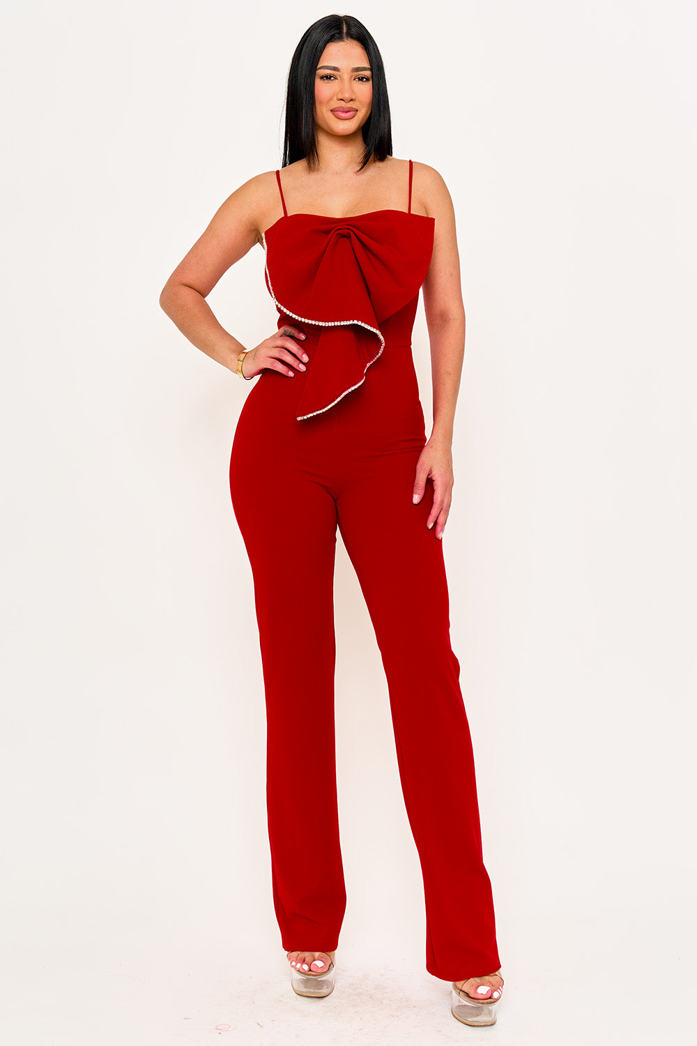 Symphony Jumpsuit - Rhinestone Trim The Edge Of The Bow Jumpsuit