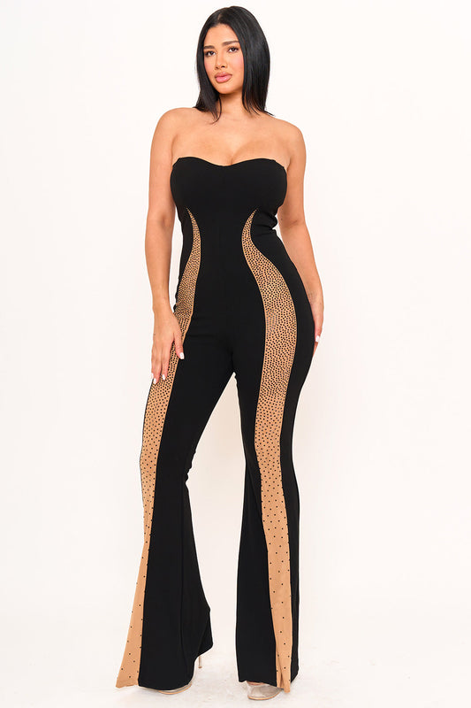Symphony Jumpsuit - Gradation Rhinestone On Mesh Paneled Jumpsuit