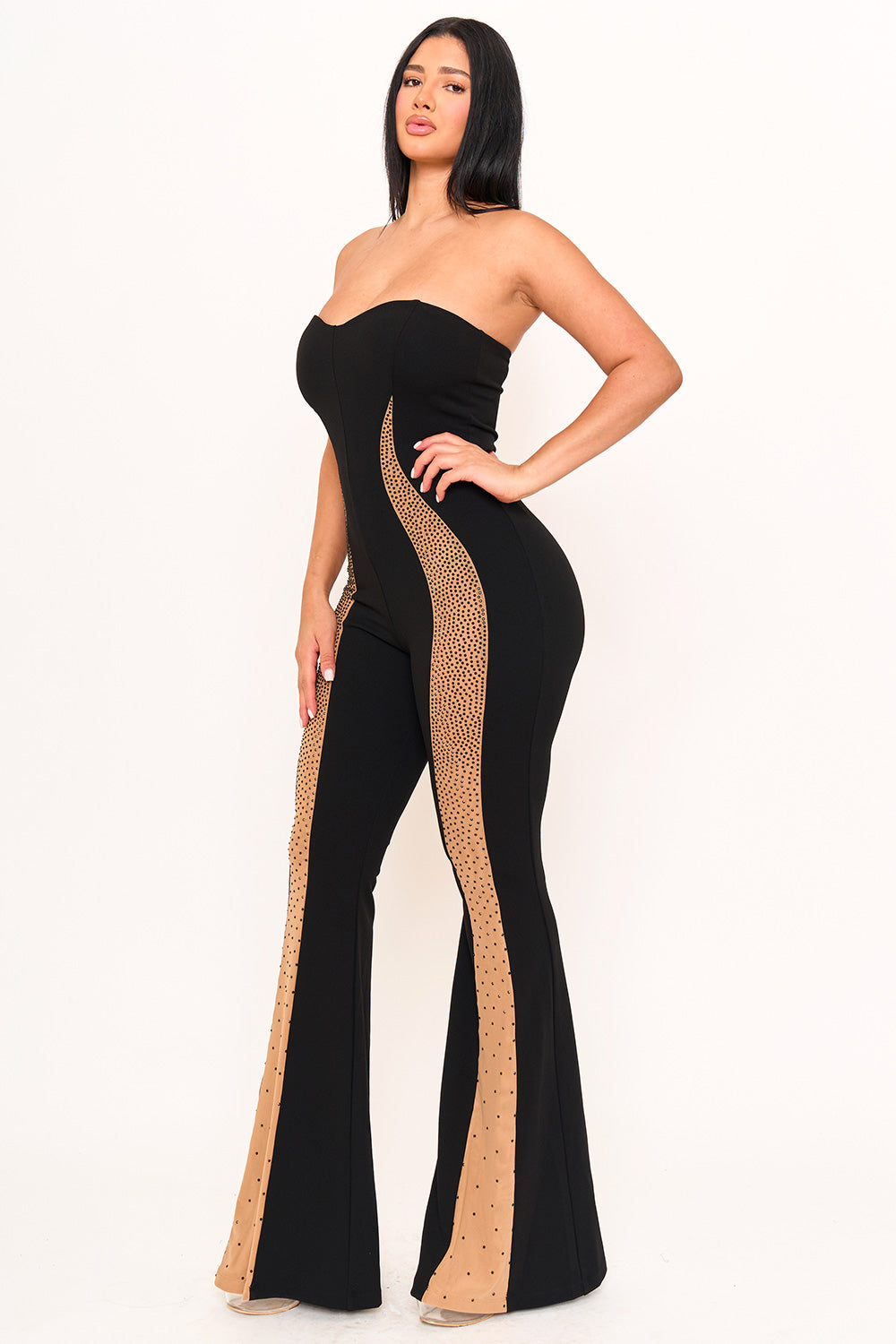 Symphony Jumpsuit - Gradation Rhinestone On Mesh Paneled Jumpsuit