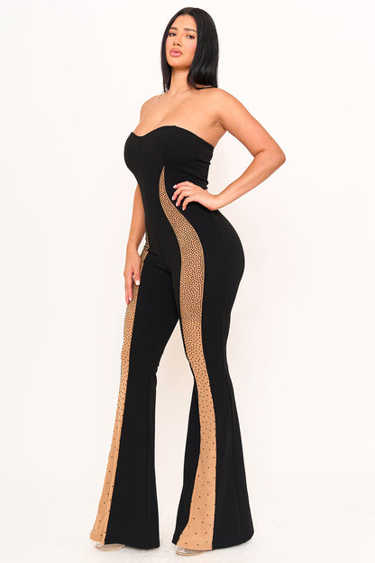 Symphony Jumpsuit - Gradation Rhinestone On Mesh Paneled Jumpsuit