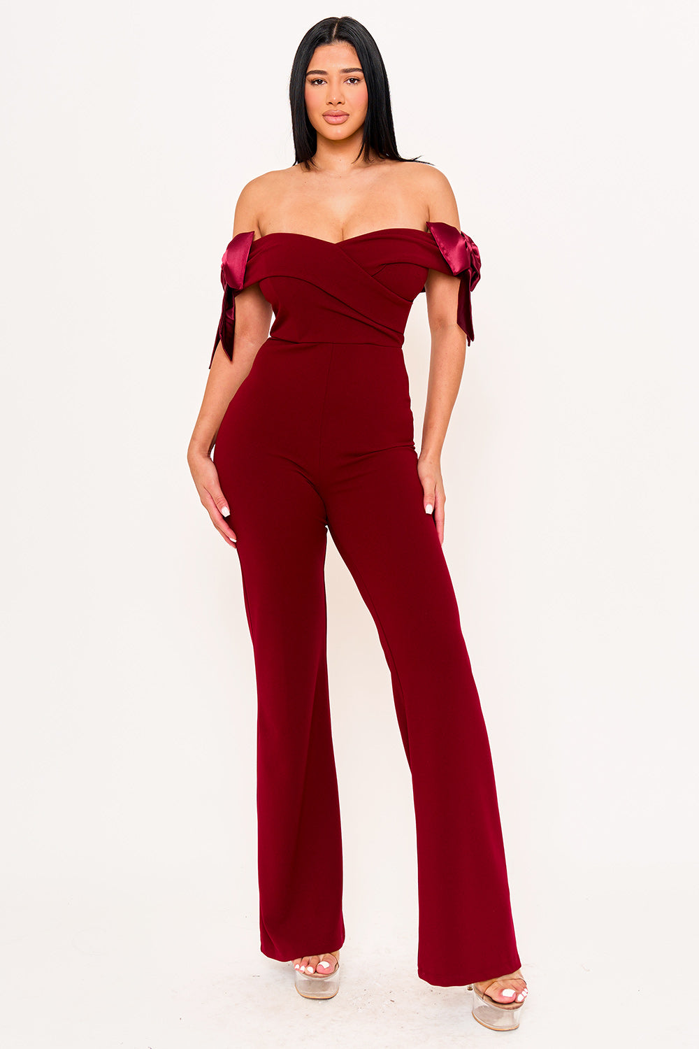 Symphony Jumpsuits- Fabric Contrast Off The Shoulder Jumpsuit