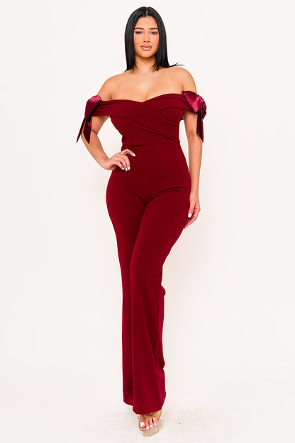 Symphony Jumpsuits- Fabric Contrast Off The Shoulder Jumpsuit