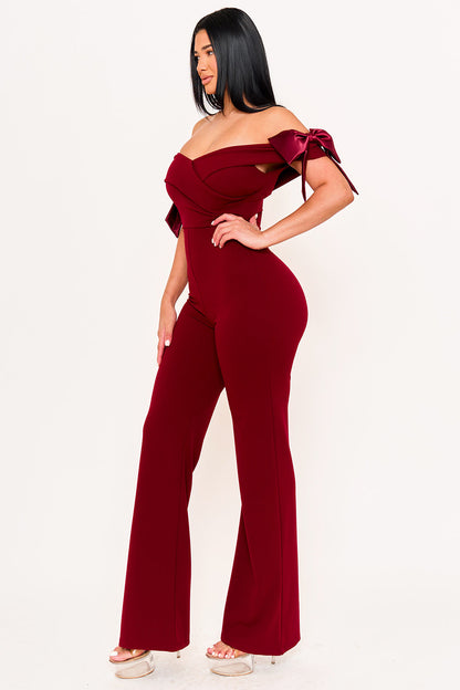 Symphony Jumpsuits- Fabric Contrast Off The Shoulder Jumpsuit