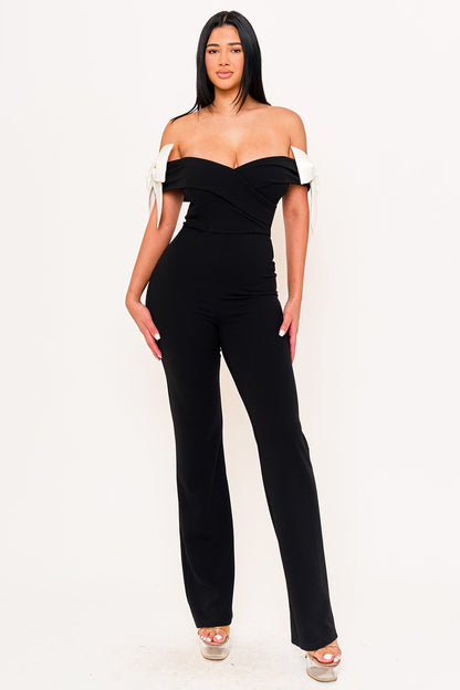 Symphony Jumpsuits- Fabric Contrast Off The Shoulder Jumpsuit