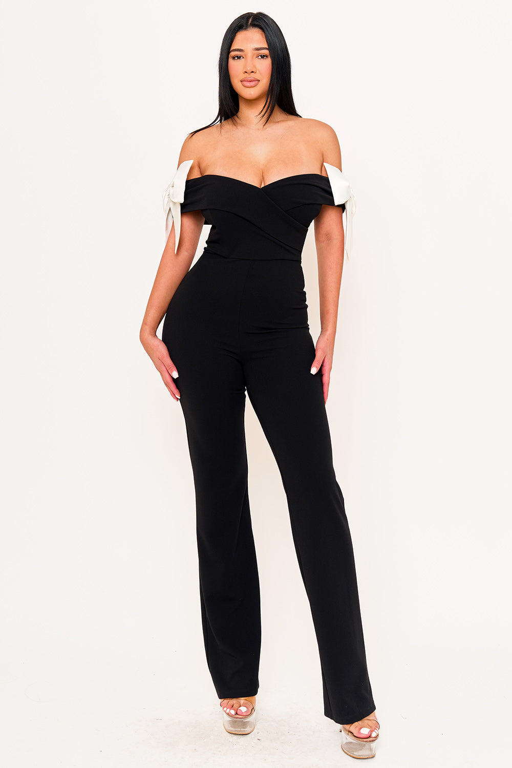 Symphony Jumpsuits- Fabric Contrast Off The Shoulder Jumpsuit