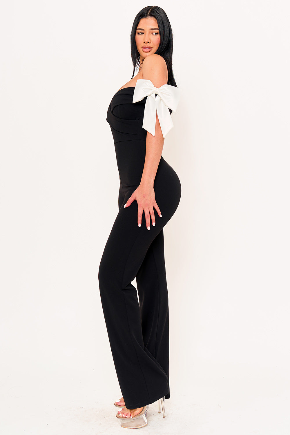 Symphony Jumpsuits- Fabric Contrast Off The Shoulder Jumpsuit