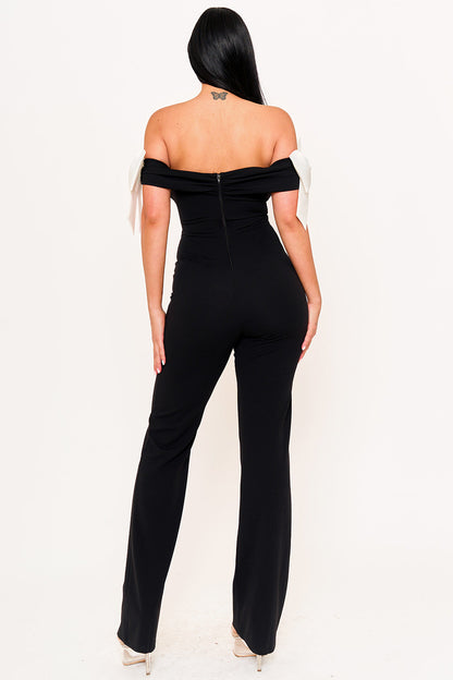 Symphony Jumpsuits- Fabric Contrast Off The Shoulder Jumpsuit