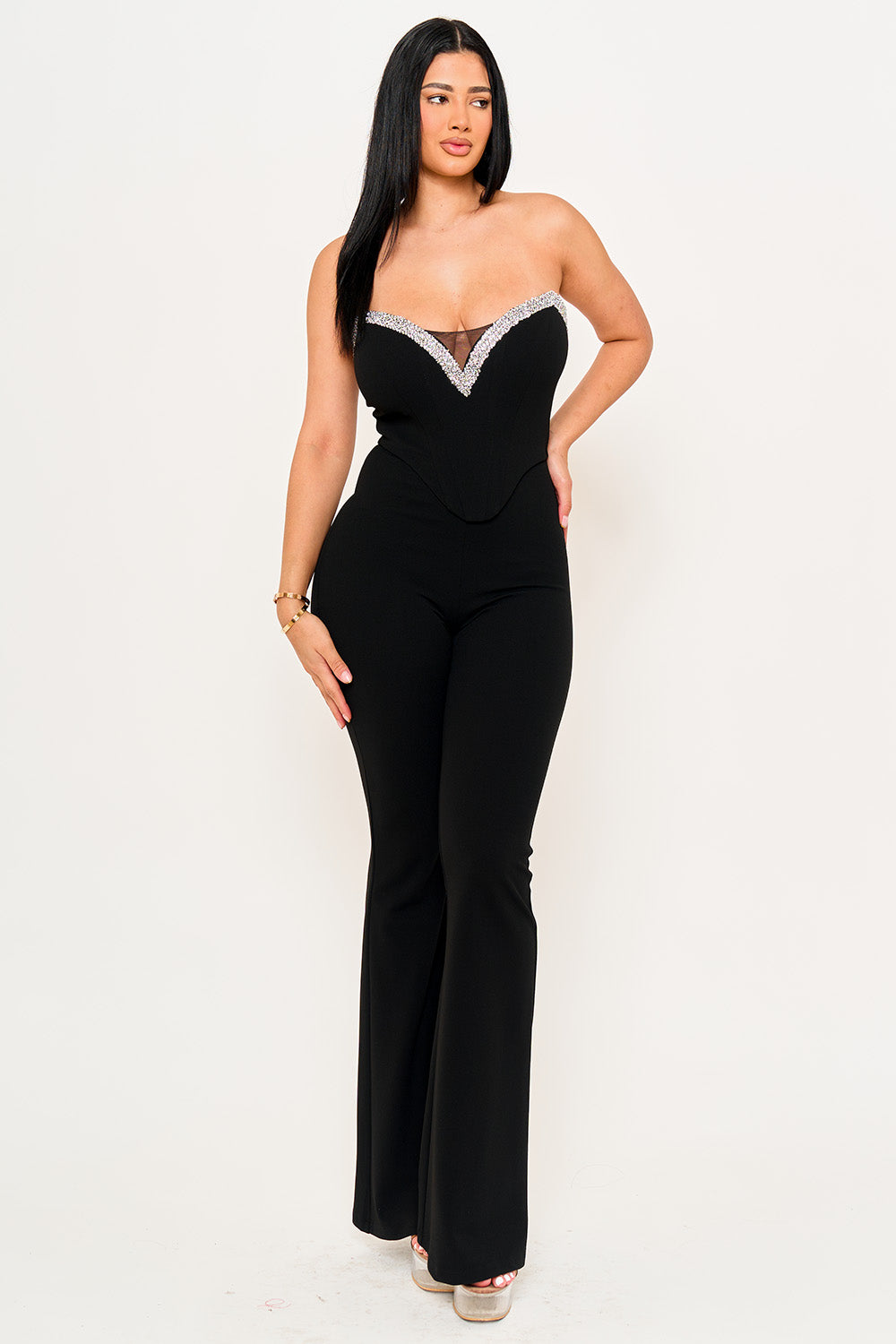 Symphony Jumpsuits- Rhinestone Tape Trim Around Bust Jumpsuit