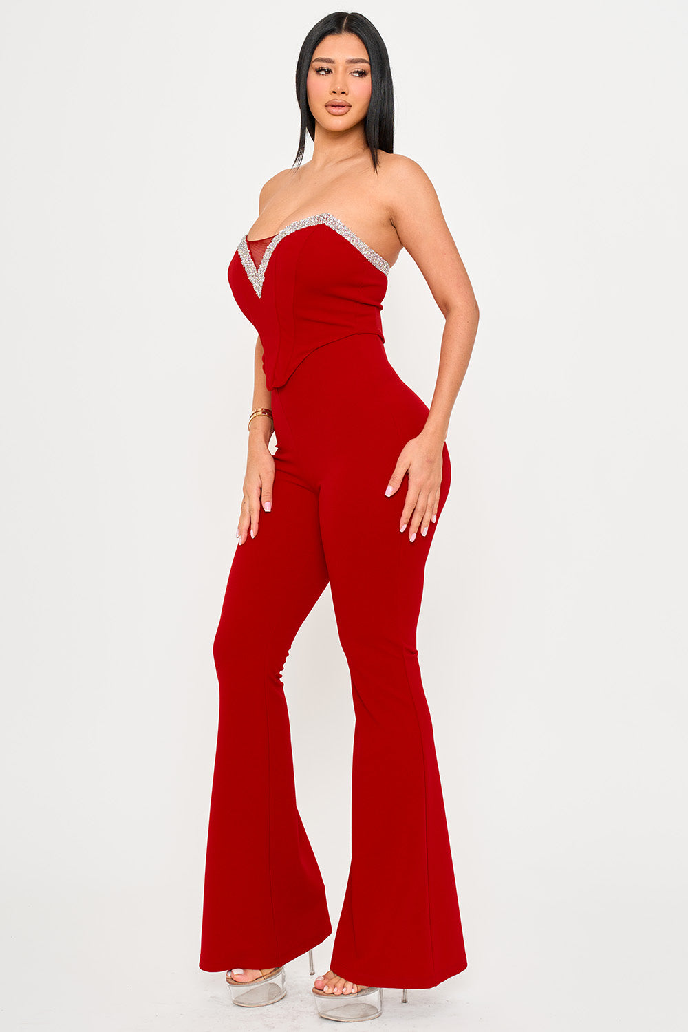 Symphony Jumpsuits- Rhinestone Tape Trim Around Bust Jumpsuit