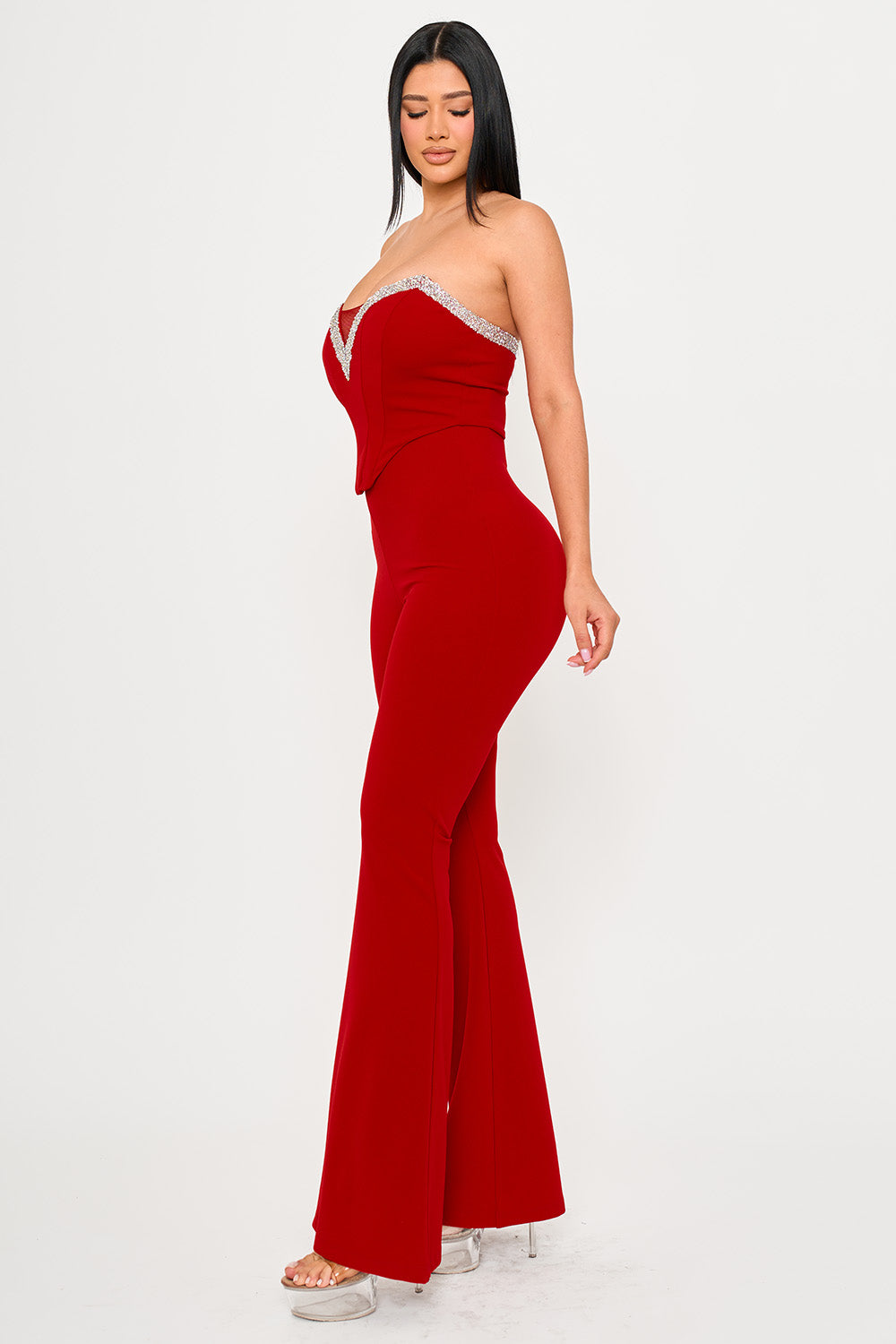 Symphony Jumpsuits- Rhinestone Tape Trim Around Bust Jumpsuit
