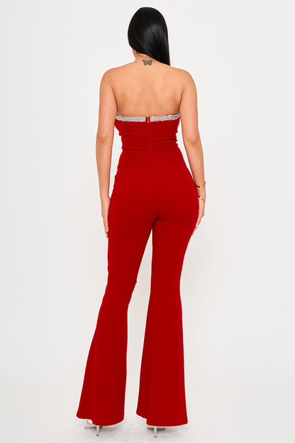 Symphony Jumpsuits- Rhinestone Tape Trim Around Bust Jumpsuit