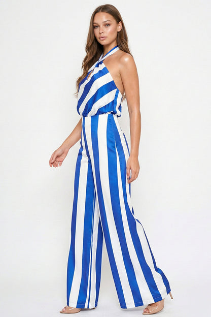 Symphony Jumpsuits - Stripe On Satin Halter Neck Jumpsuit