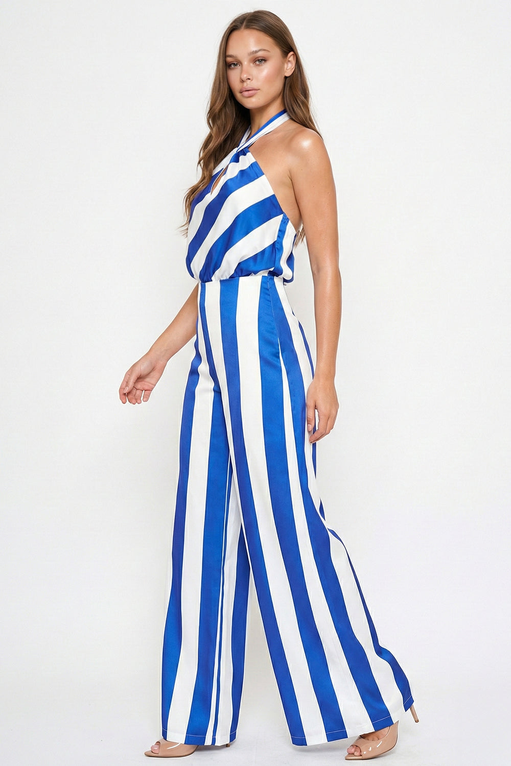 Symphony Jumpsuits - Stripe On Satin Halter Neck Jumpsuit