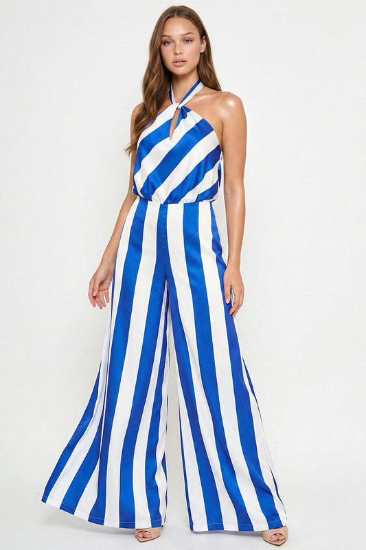 Symphony Jumpsuits - Stripe On Satin Halter Neck Jumpsuit