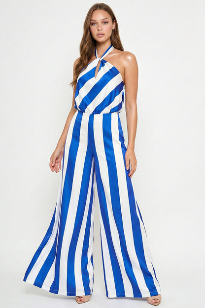 Symphony Jumpsuits - Stripe On Satin Halter Neck Jumpsuit