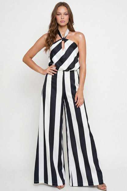 Symphony Jumpsuits - Stripe On Satin Halter Neck Jumpsuit