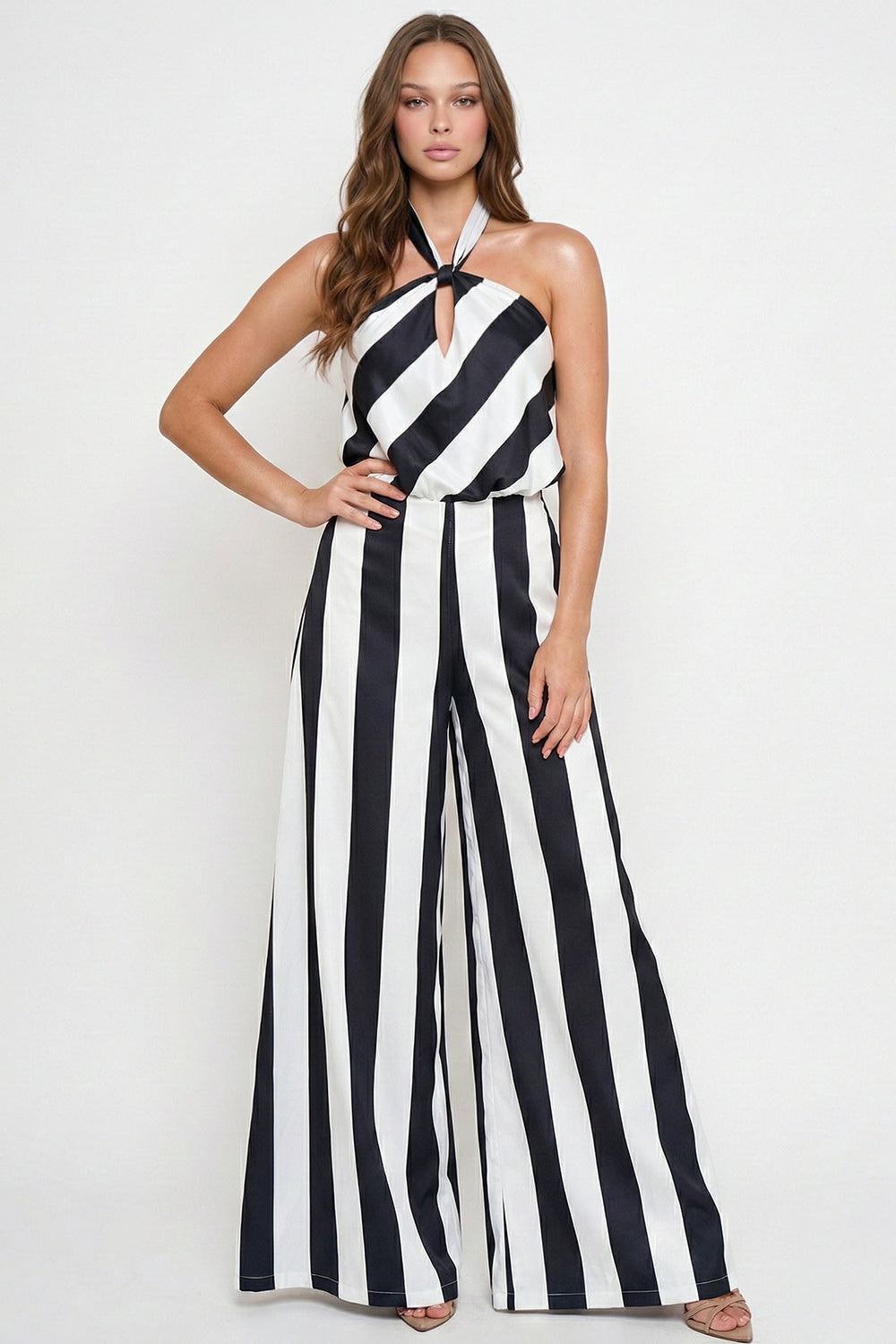 Symphony Jumpsuits - Stripe On Satin Halter Neck Jumpsuit