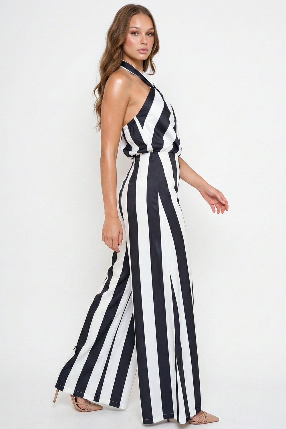 Symphony Jumpsuits - Stripe On Satin Halter Neck Jumpsuit
