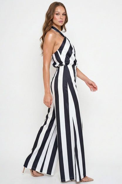 Symphony Jumpsuits - Stripe On Satin Halter Neck Jumpsuit