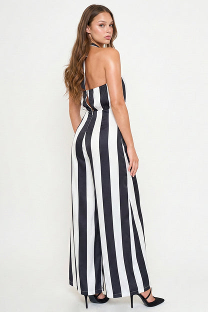 Symphony Jumpsuits - Stripe On Satin Halter Neck Jumpsuit