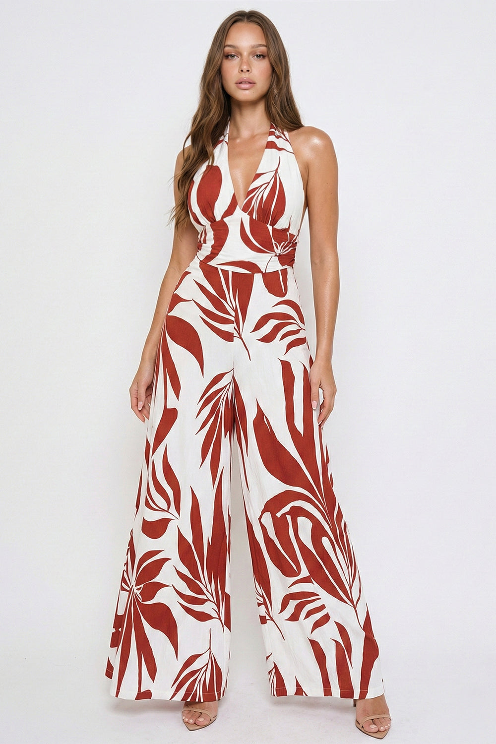 Symphony Dress - Tropical Leaf Print On Linen Jumpsuit