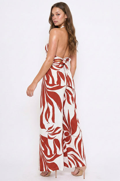 Symphony Dress - Tropical Leaf Print On Linen Jumpsuit
