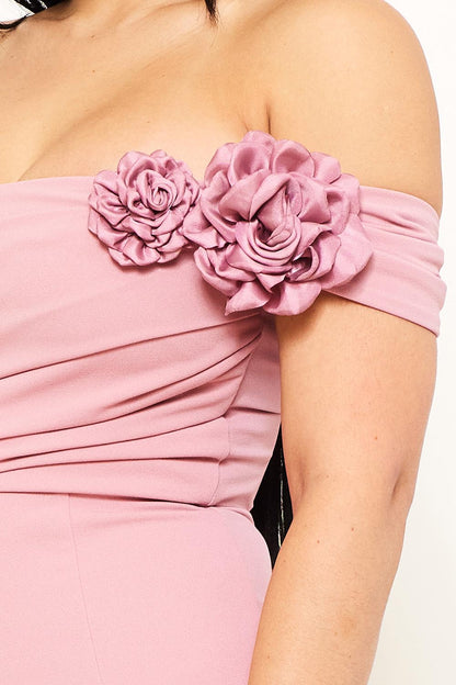 Symphony Dress - Flower On Sleeve Off The Shoulder Maxi Dress