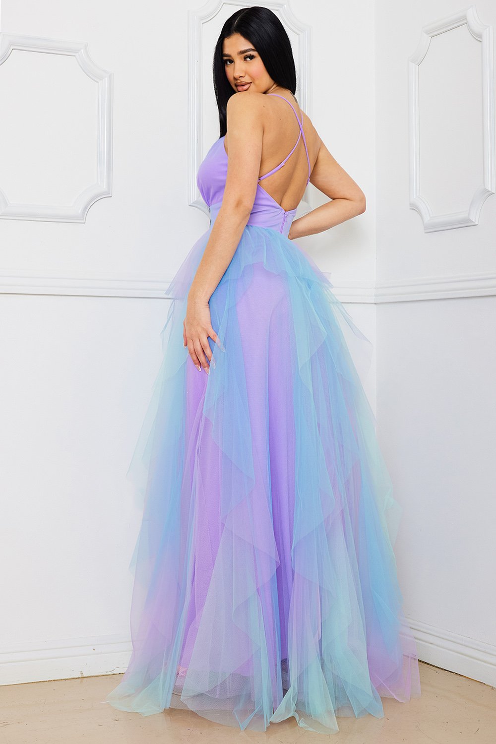 Symphony Dress - Two Tone Mesh Ruffle Maxi Dress
