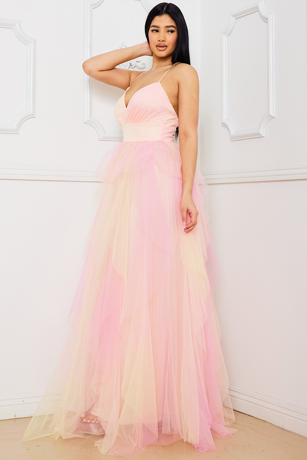 Symphony Dress - Two Tone Mesh Ruffle Maxi Dress