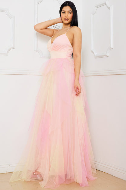 Symphony Dress - Two Tone Mesh Ruffle Maxi Dress