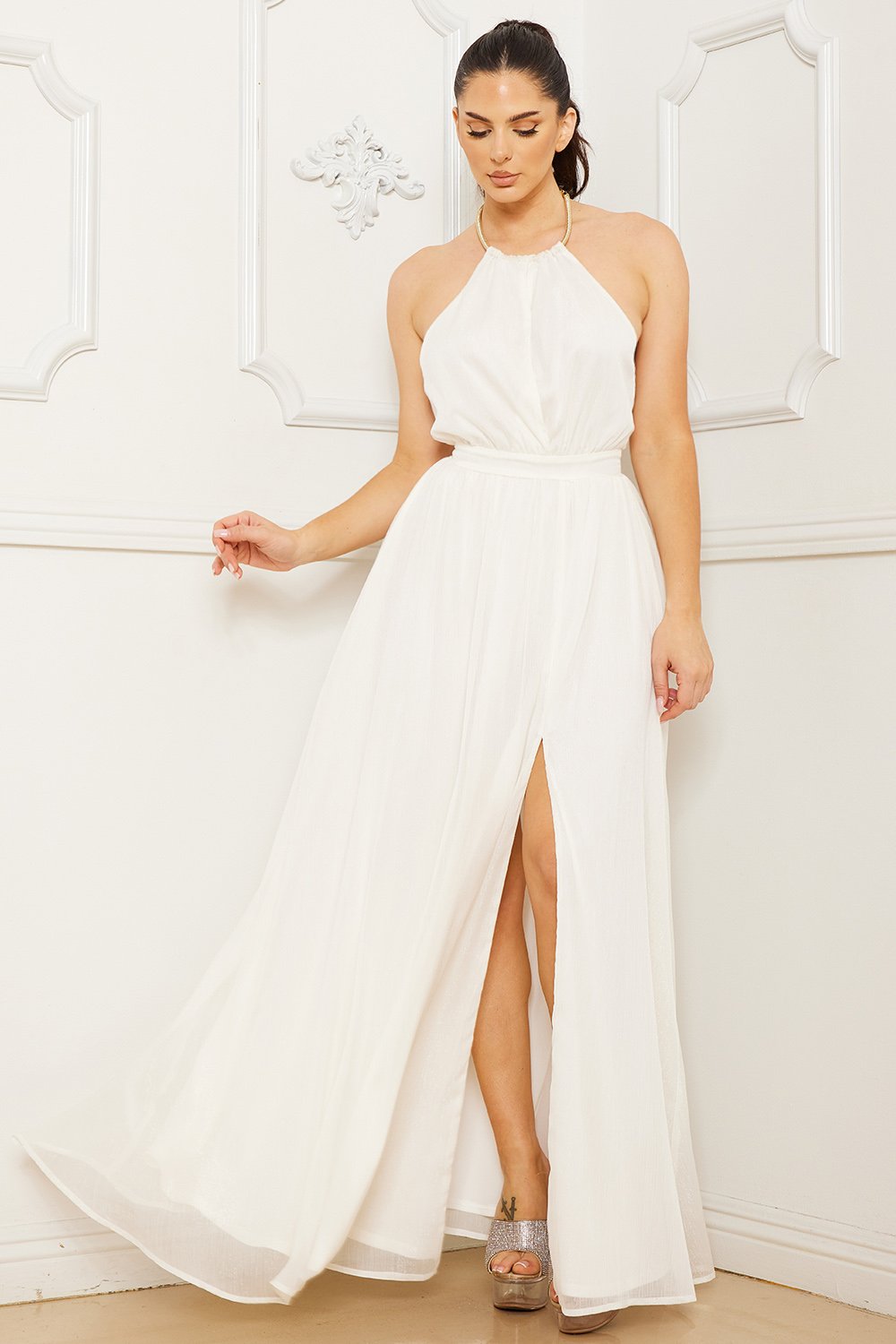 Symphony Dress - Halter Surplice With Chain Necklace Maxi Dress