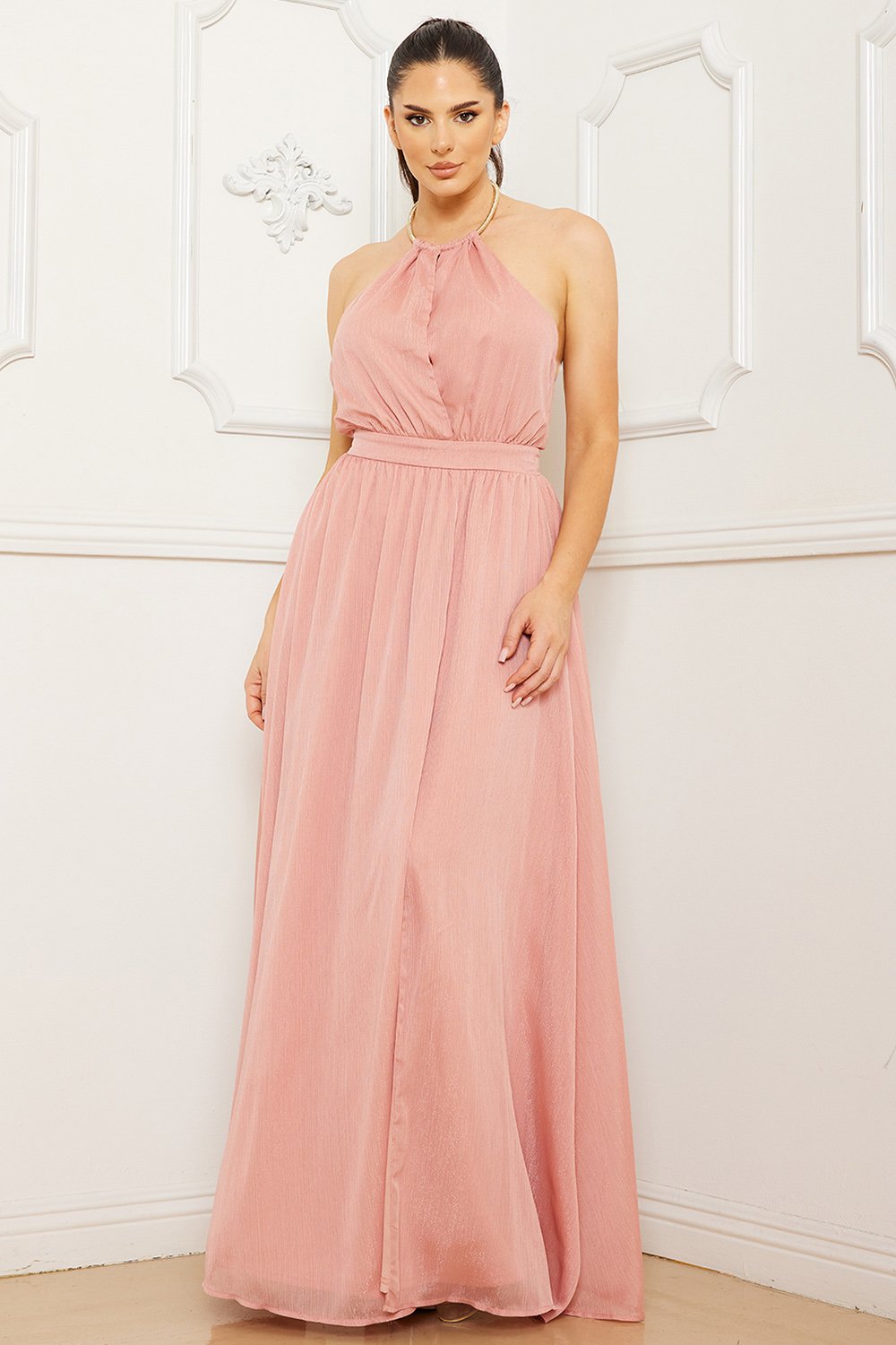 Symphony Dress - Halter Surplice With Chain Necklace Maxi Dress