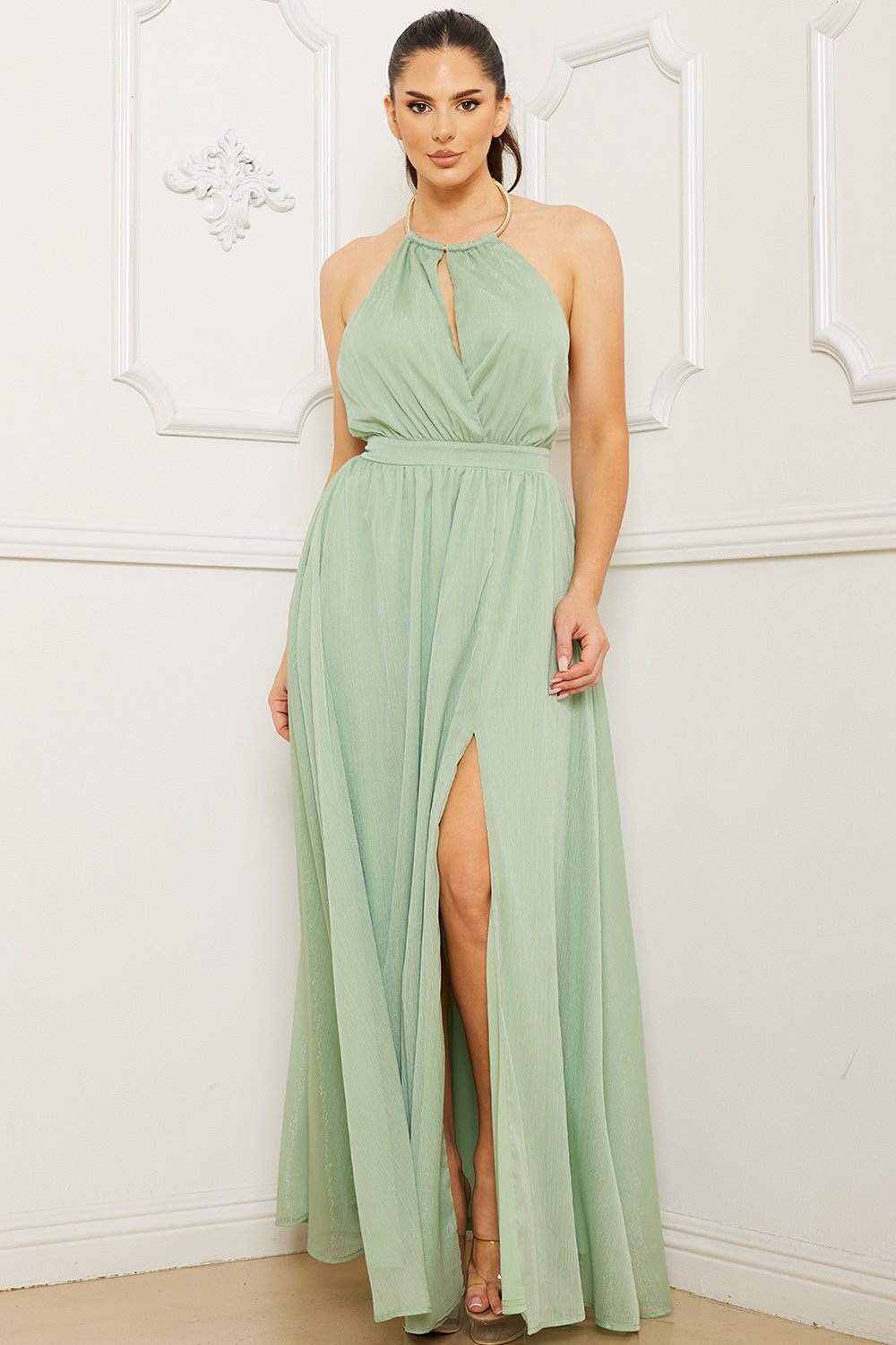 Symphony Dress - Halter Surplice With Chain Necklace Maxi Dress