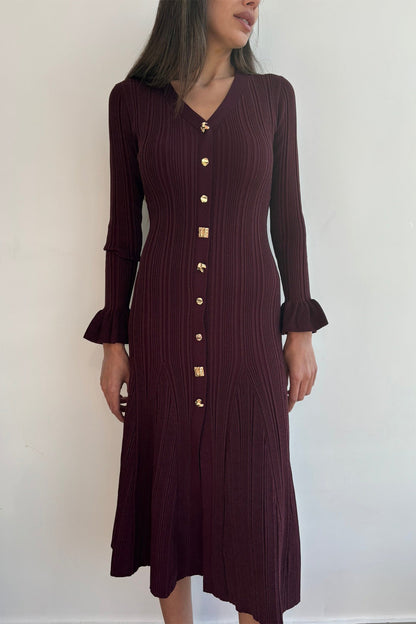 Vestido midi de punto con puños acampanados y escote en V Bernice 