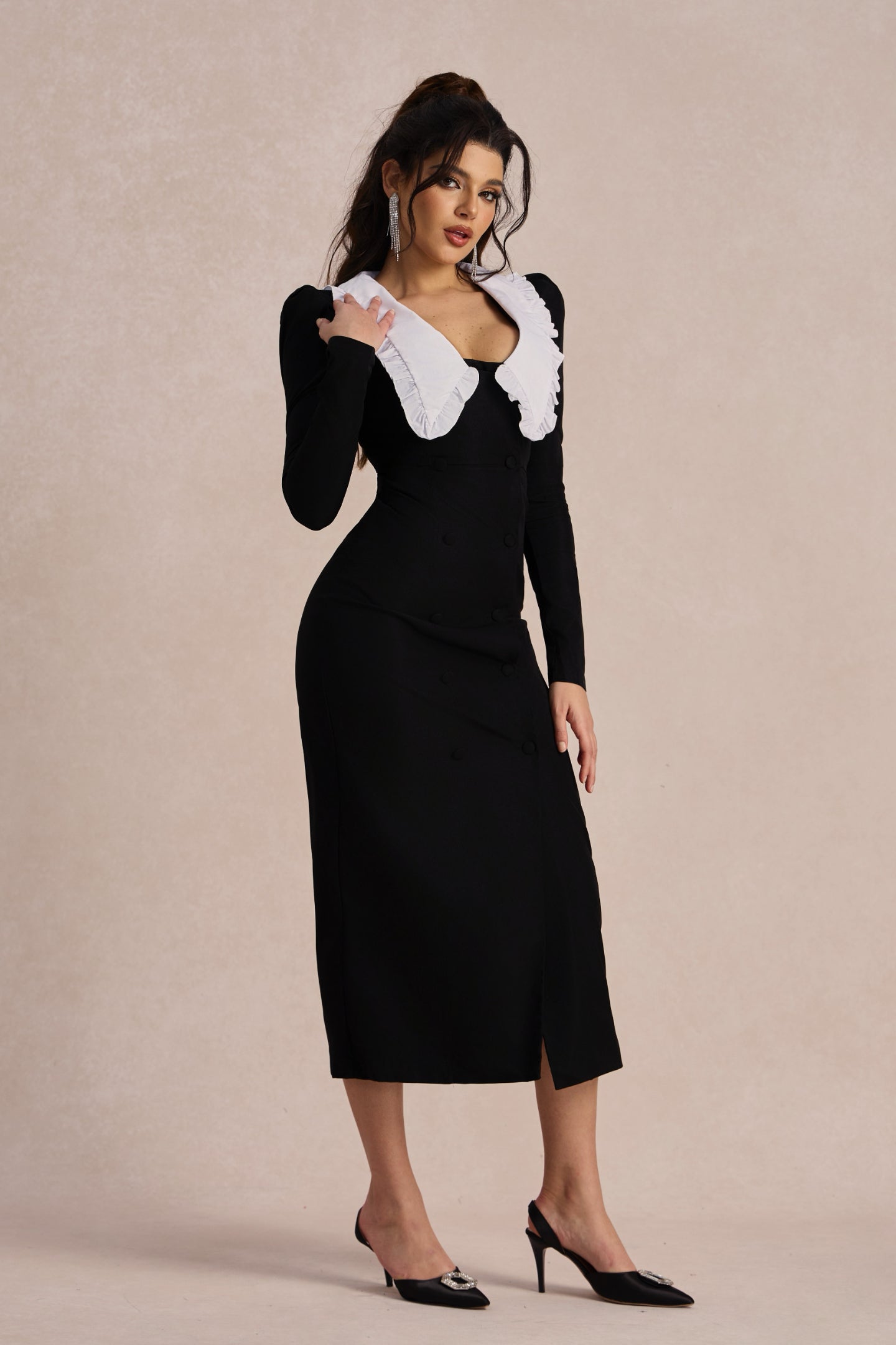 Vestido midi con cuello Peter Pan y escote en V de Kathy 