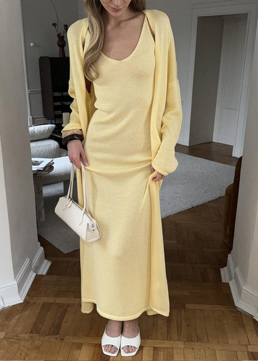 Blush Lure - Knit Maxi Dress with Cardigan Set