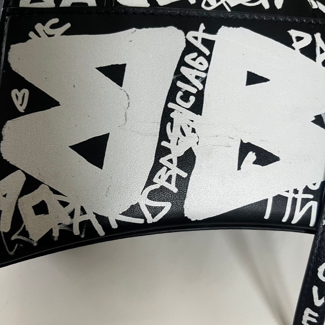 Balenciaga Hourglass Graffiti XS Black with white print shoulder bag