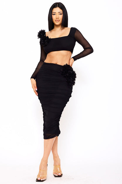 Symphony Set - Power Mesh Floral &Nbsp;Applique Attached Midi Skirt Set