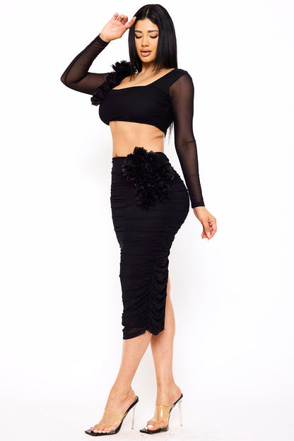 Symphony Set - Power Mesh Floral &Nbsp;Applique Attached Midi Skirt Set