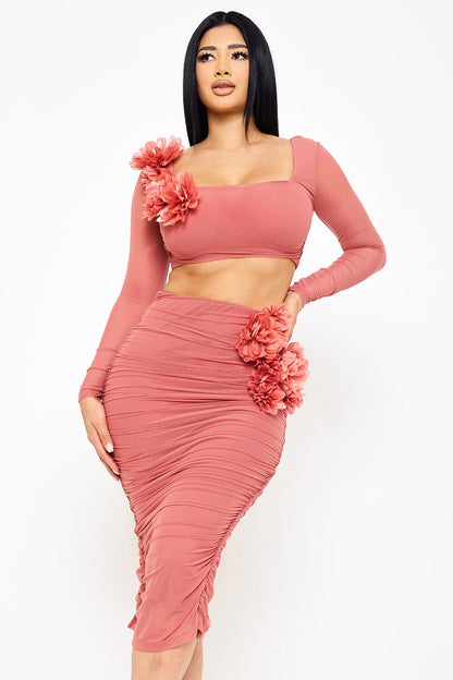 Symphony Set - Power Mesh Floral &Nbsp;Applique Attached Midi Skirt Set