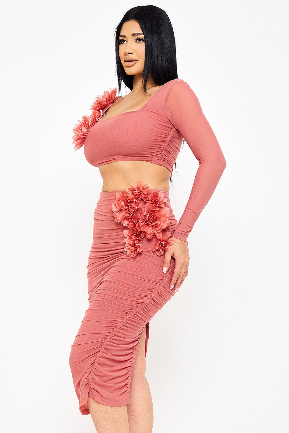 Symphony Set - Power Mesh Floral &Nbsp;Applique Attached Midi Skirt Set